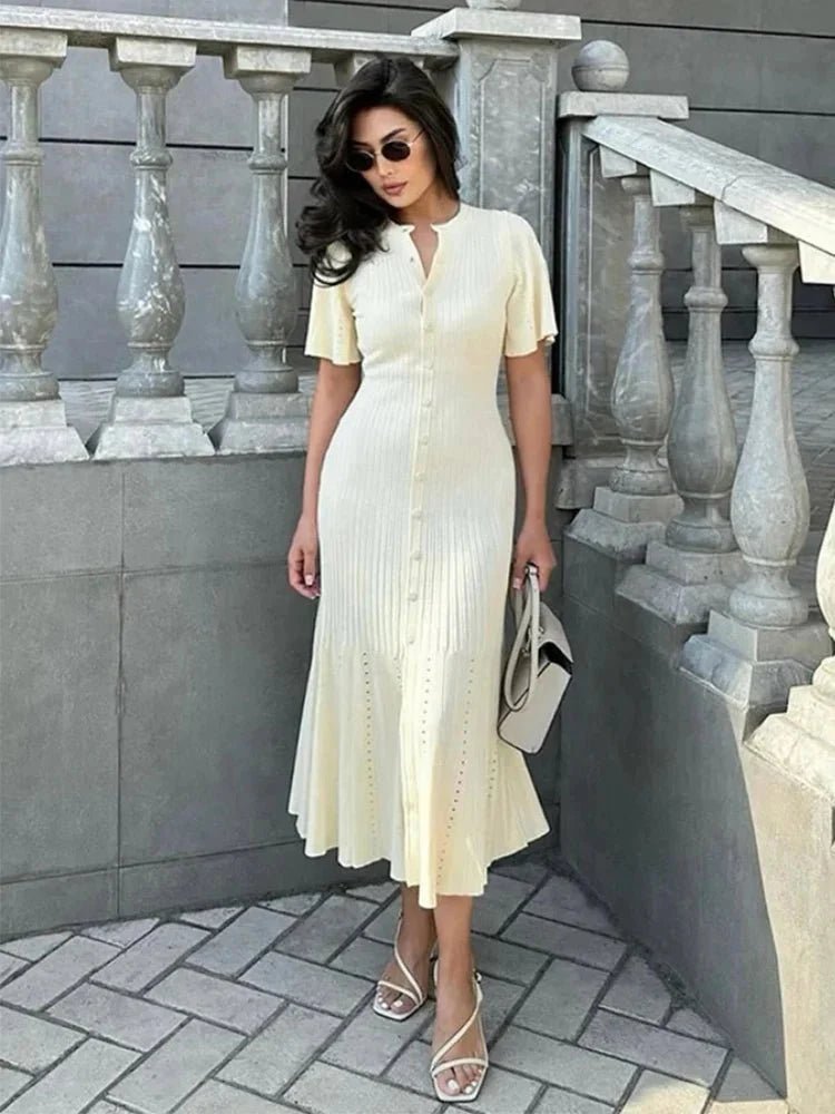 Azure Bell Sleeve Pleated Knit Midi Dress