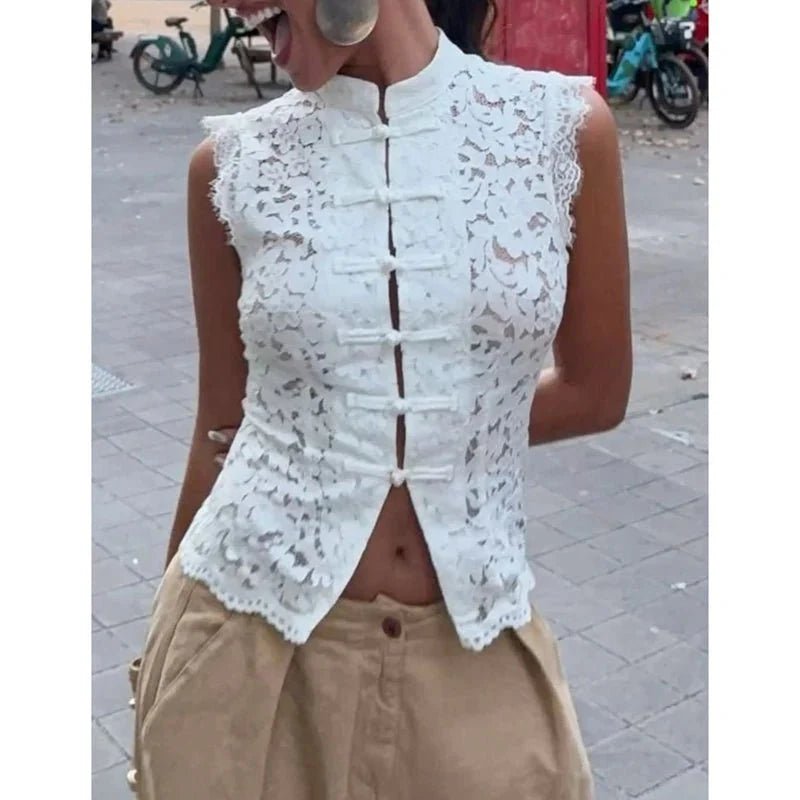 ZEYA - Celeste Sheer Lace Mandarin Collar Blouse