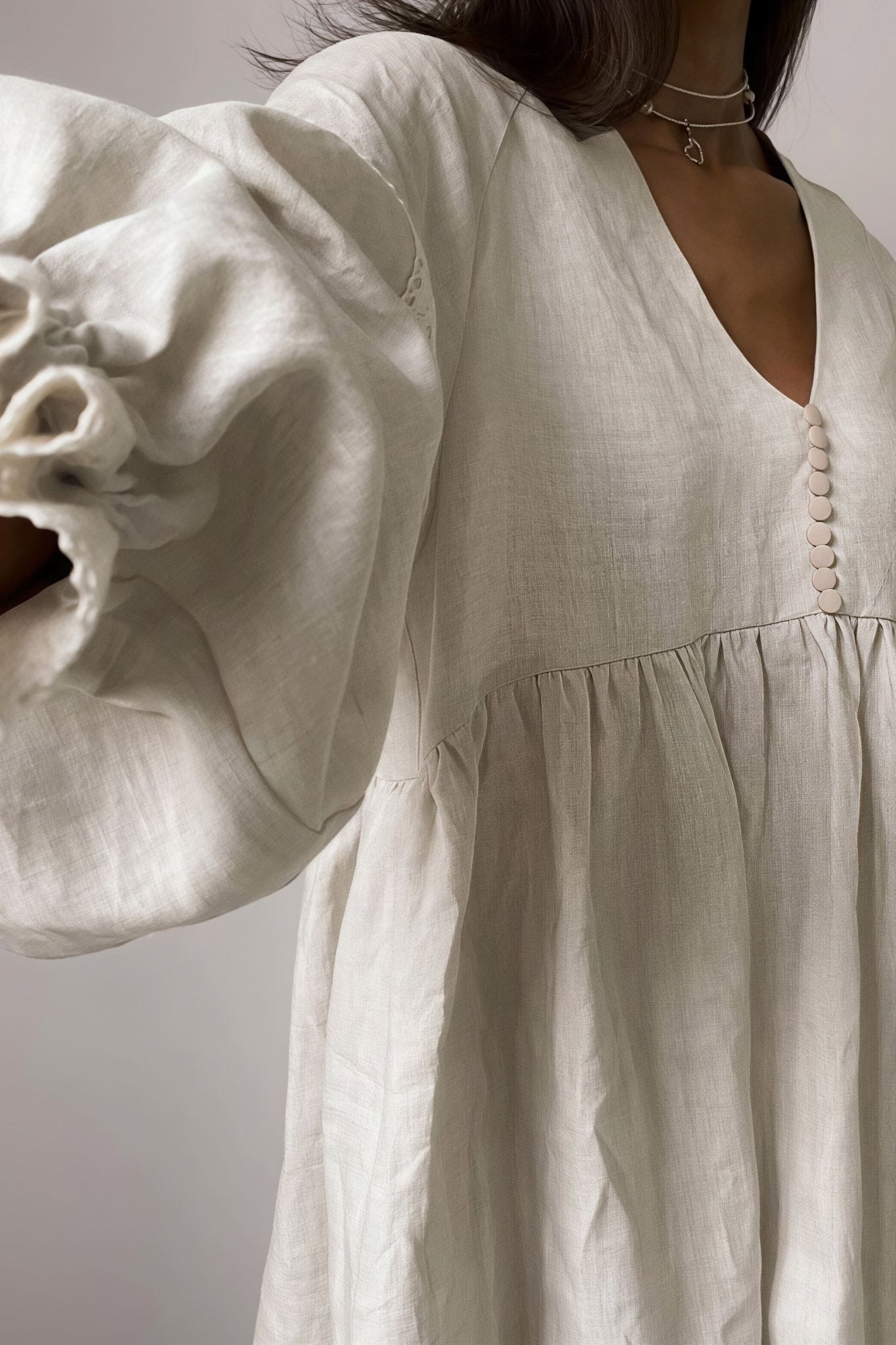 ZEYA - Hermione Cotton Linen V - Neck Lantern Sleeve Mini Dress