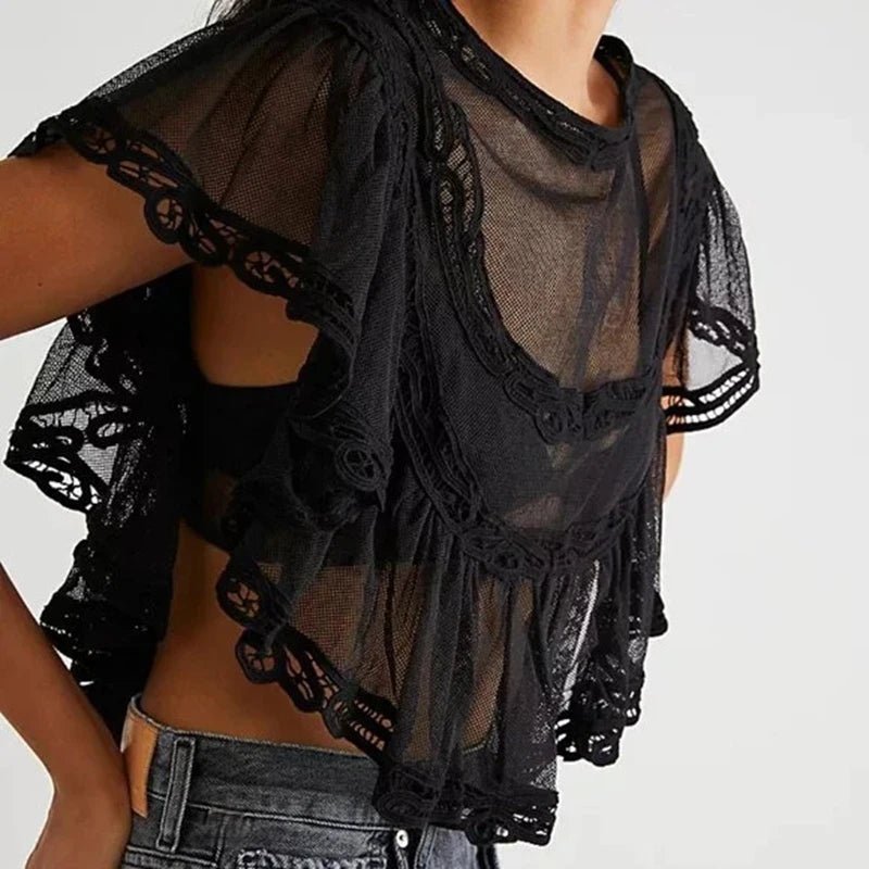 ZEYA - Maia Sheer Chiffon Lace Trim Crop Blouse